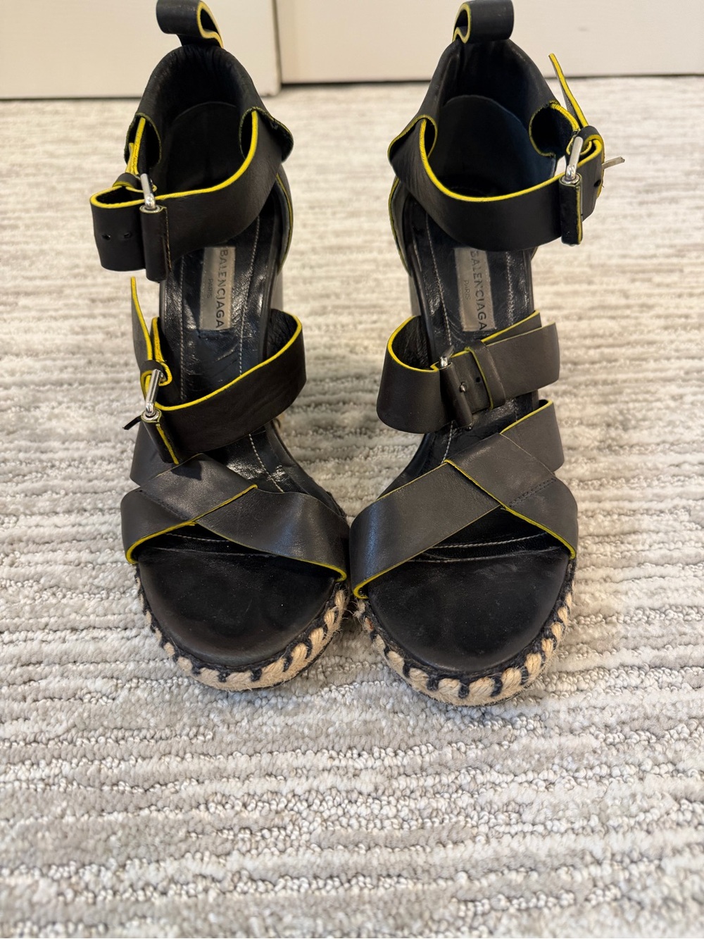 Balenciaga Black Leather Wedge Sandals with Yellow Trim